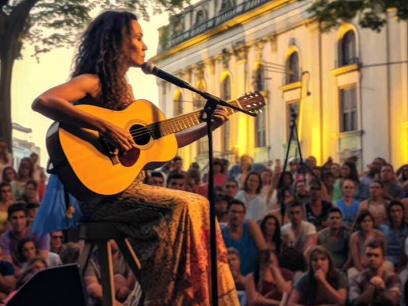 eine-frau-spielt-auf-einer-buehne-vor-einer-menschenmenge-gitarre eine-frau-spielt-auf-einer-buehne-vor-einer-menschenmenge-gitarre